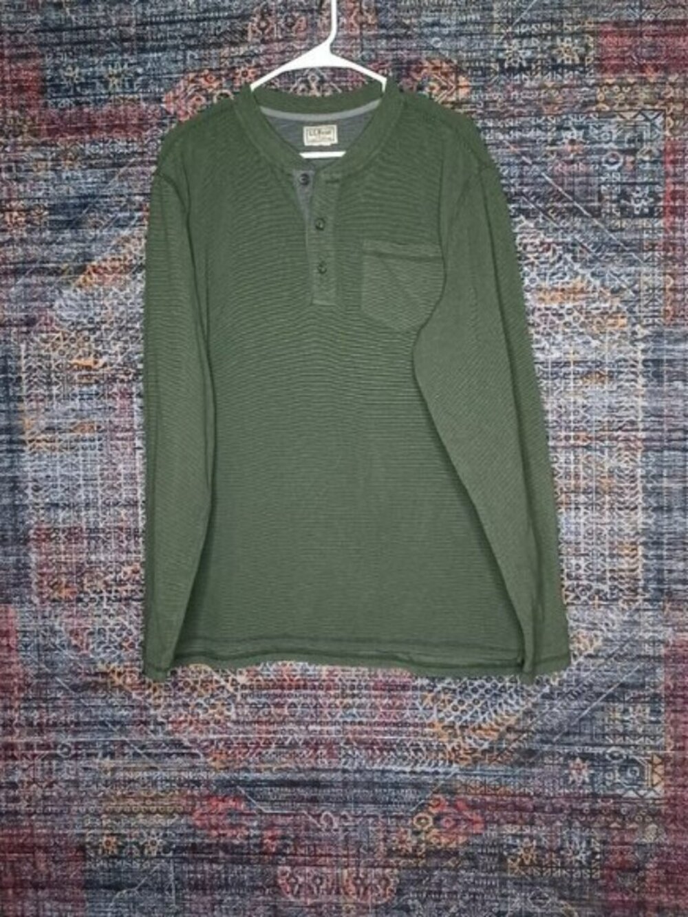 LL Bean mens green striped thermal henley shirt XL